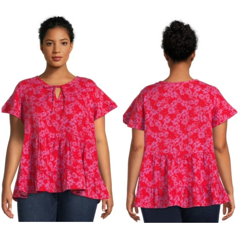 Terra & Sky Floral Cotton Blouse Red Purple Flowy Short Sleeve Tie Neck 1X